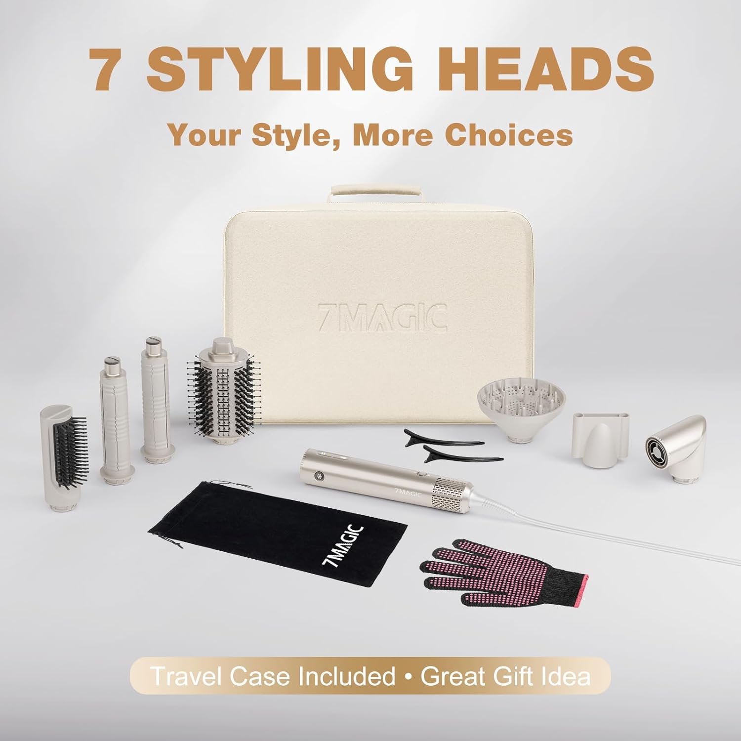 7MAGIC 7-in-1 Hot Air Styler – High-Speed Hair Dryer, Auto-Wrap Curler & Multi-Styler with Travel Case – Champagne Gold - Image 7