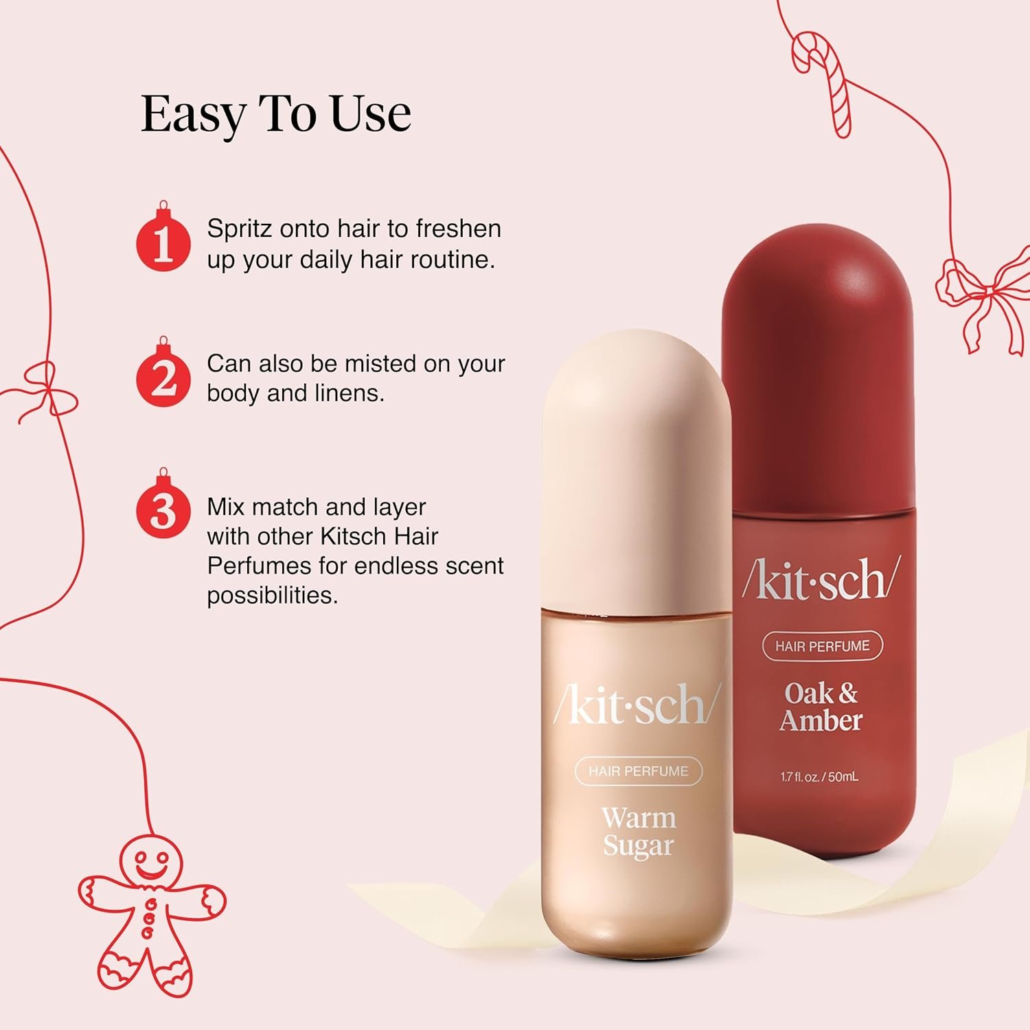 Kitsch Hair Perfume for Women Set (2 x 50mL) – Warm Sugar & Oak + Amber Hair & Body Mist, Odor-Eliminating Hair Fragrance Spray, Long-Lasting Fresh Scent, Vegan & Cruelty-Free - Image 2