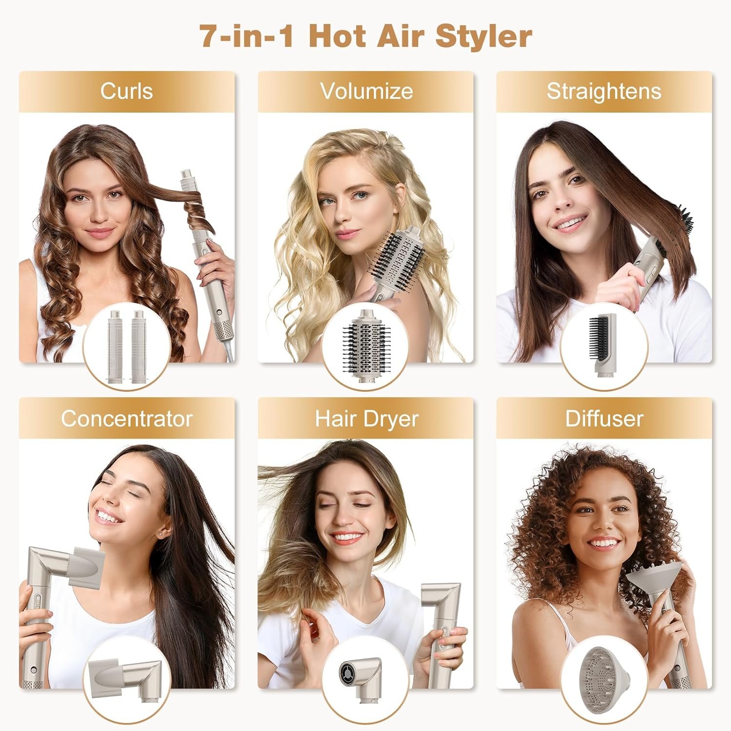 7MAGIC 7-in-1 Hot Air Styler – High-Speed Hair Dryer, Auto-Wrap Curler & Multi-Styler with Travel Case – Champagne Gold - Image 6